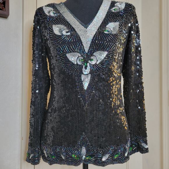 VTG Hina Trading Co. Silk Sequin Beaded Irredescent Long Sleeve Formal Blouse✨️M - Picture 16 of 16